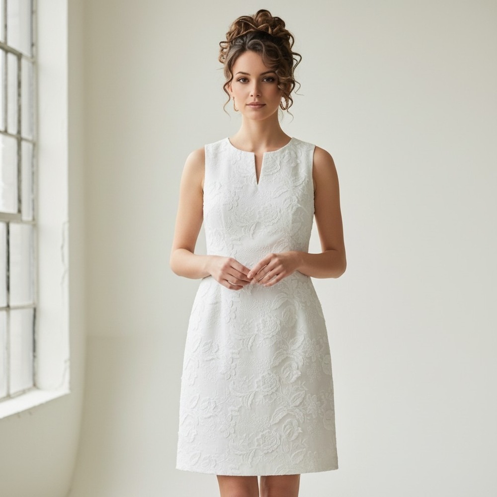 Talbots White Embroidered Clipped Floral Shift Dress Sleeveless Size 8 Bridal